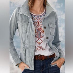 Driftwood / Sundance blue & white striped railway pattern army jacket L-XL